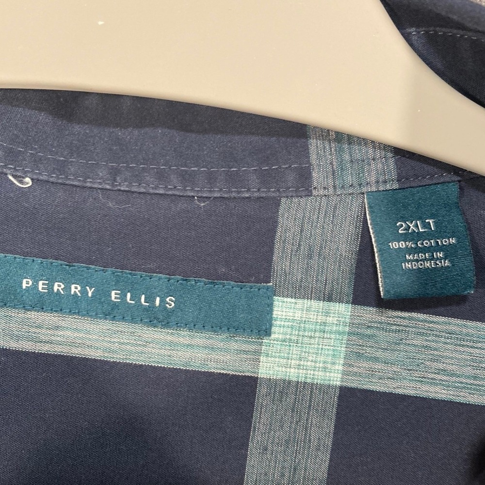 Perry Ellis Mens 2XLT Short Sleeve Button Down Shirt Navy Teal Plaid Cotton Tall - Picture 6 of 8